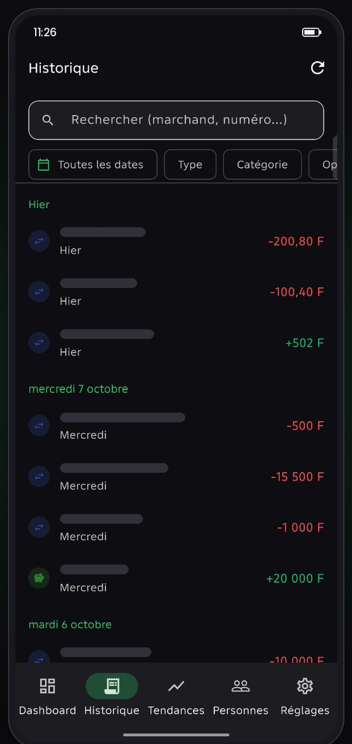 Écran Historique Cash Flow